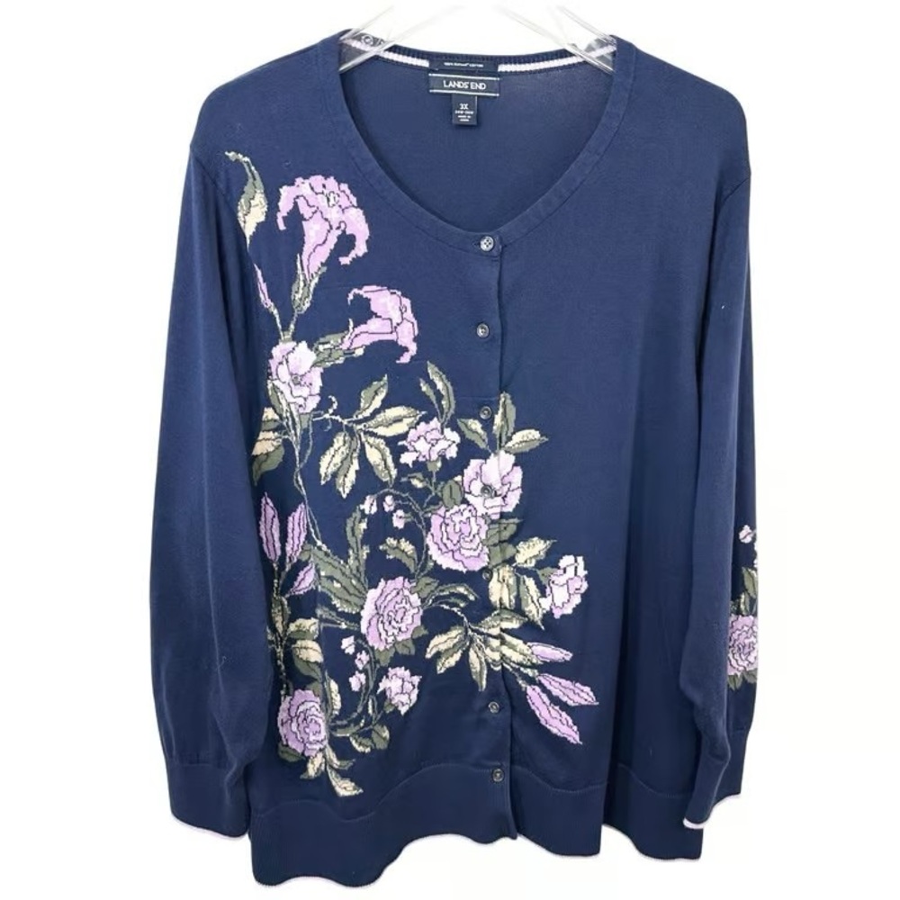 Lands' End Navy Floral Button Cardigan Sweater
